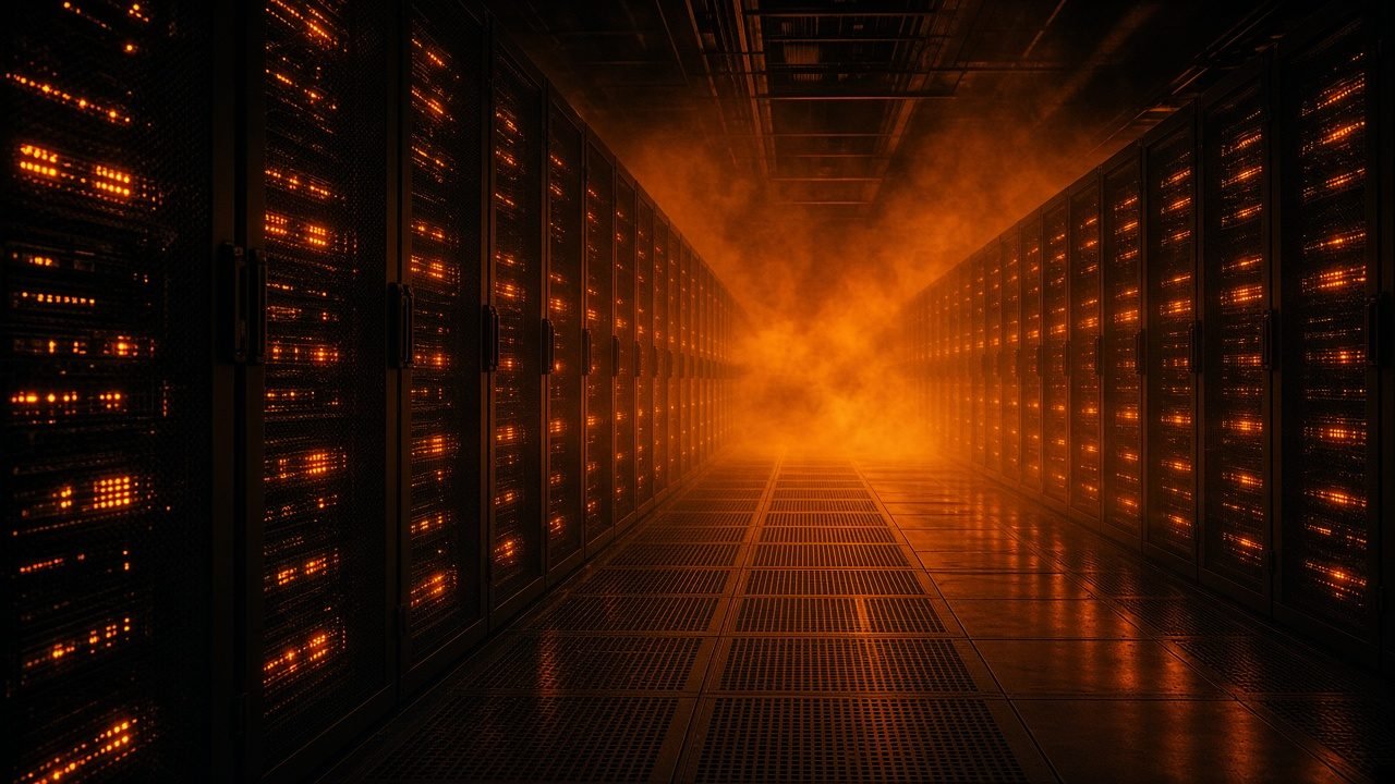 Corredor de servidores iluminado em laranja, representando a infraestrutura da inteligência artificial